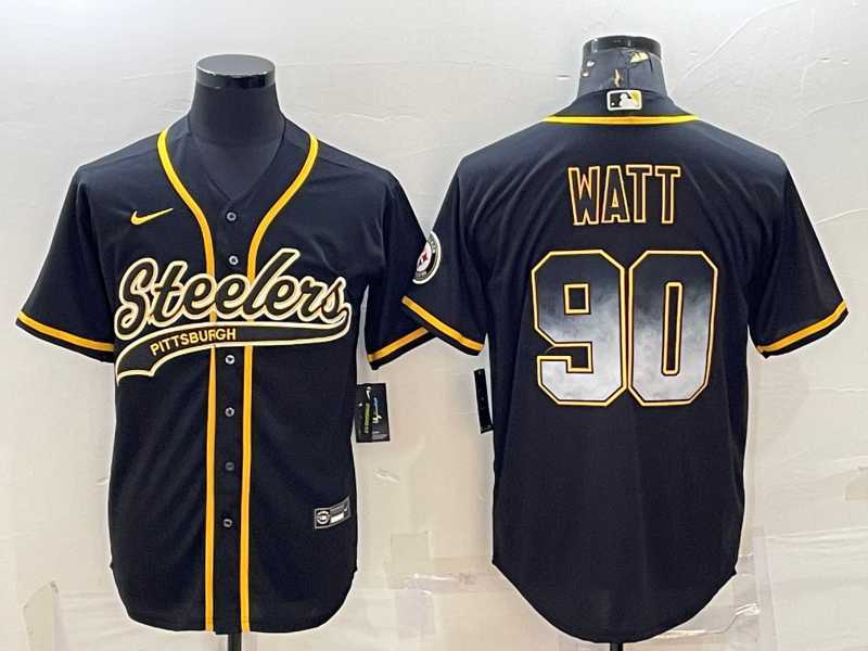 Men%27s Pittsburgh Steelers #90 TJ Watt Black Gold With Patch Smoke Cool Base Stitched Baseball Jersey
